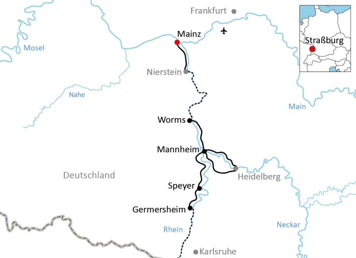Karte zur Reise mit Rad und Schiff von Straßburg nach Mainz