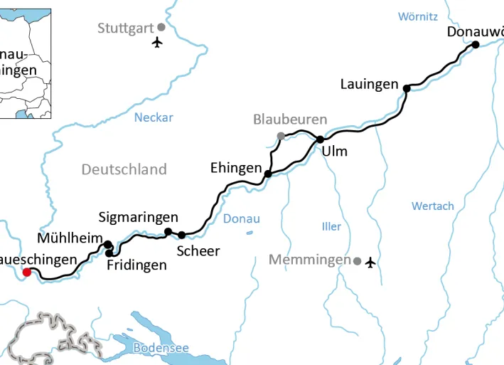 Karte zum Radwandern im Tal der jungen Donau