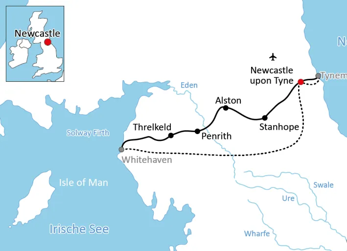 Karte zum Radurlaub in England: Coast to Coast