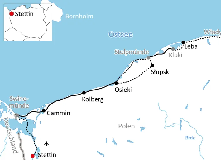 Karte zur Tour auf dem Ostseeradweg in Polen
