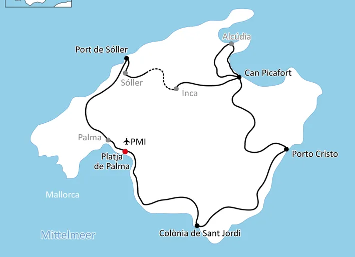 Karte zur großen Radtour auf Mallorca