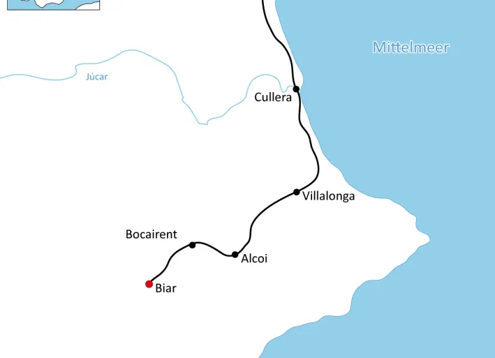 Karte zur Radtour durch das Hinterland der Costa Blanca