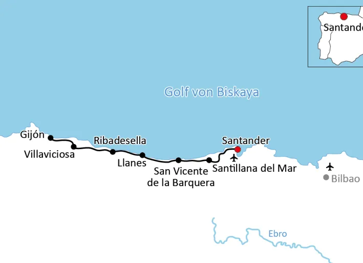 Karte zur Radtour entlang der Atlantikküste in Spanien