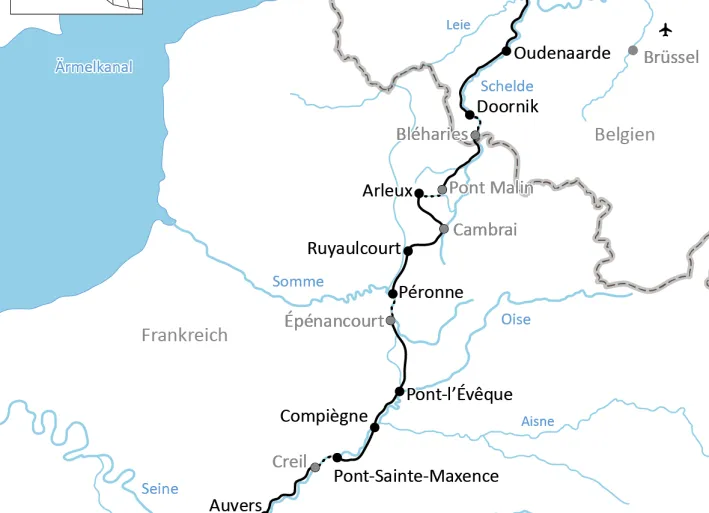Karte zur Reise mit Rad und Schiff von Brügge nach Paris