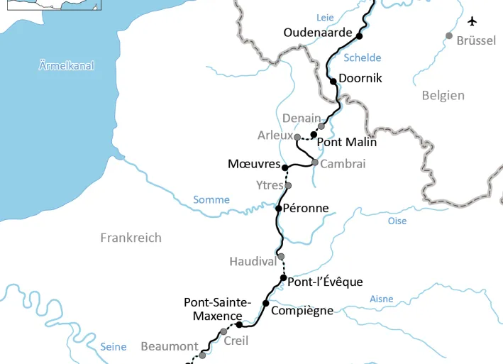Karte zur Reise mit Rad und Schiff von Paris nach Brügge