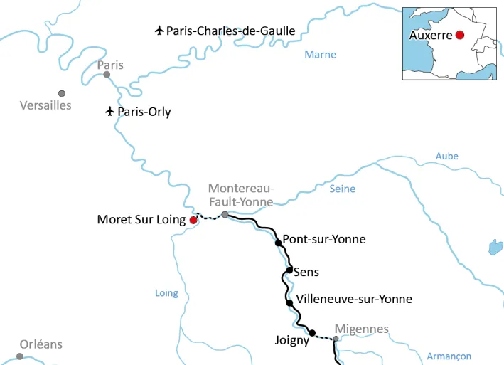 Karte zur Reise mit Rad und Schiff durch Burgund