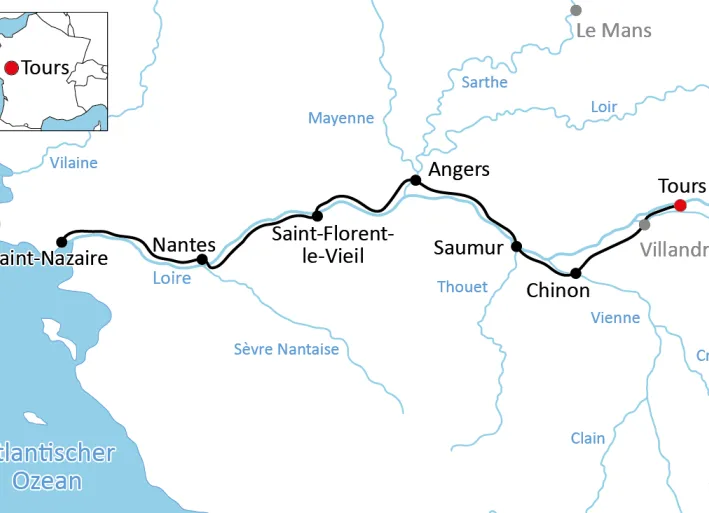 Karte zur Loire-Radreise von Tours an den Atlantik