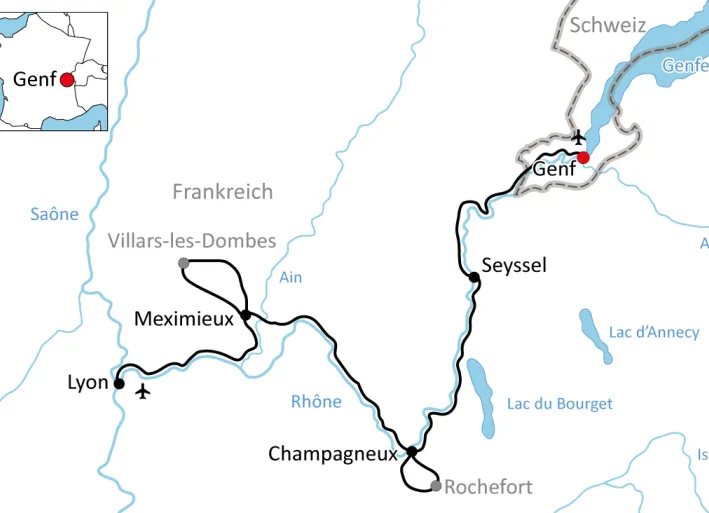 Karte zur Radtour an der Rhône von Genf nach Lyon
