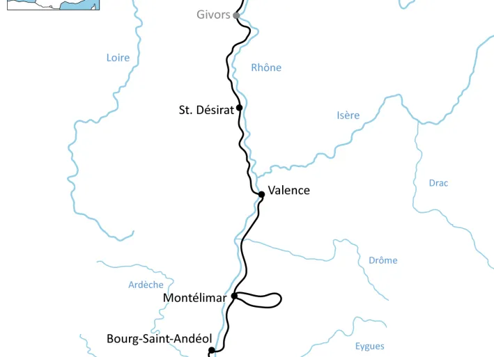 Karte zur Radreise an der Rhône von Lyon nach Orange