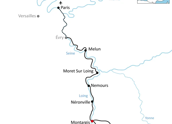 Karte zur Reise mit Rad und Schiff auf der Seine