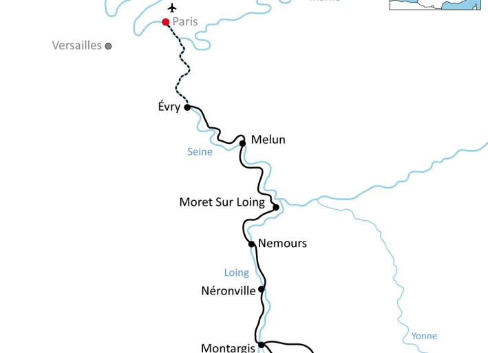 Karte zur Reise mit Rad und Schiff auf der Seine