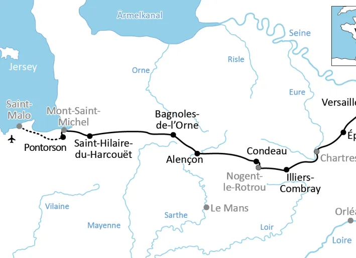 Karte zur Radtour von Versailles in die Normandie