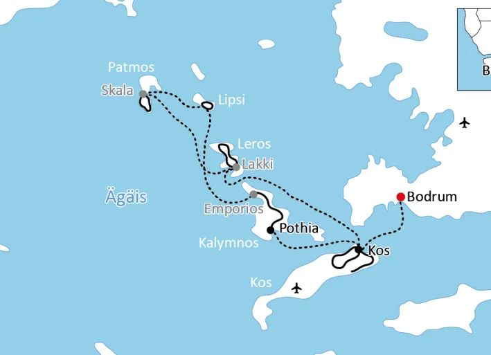 Karte zur Reise mit Rad in Schiff in der Ägäis