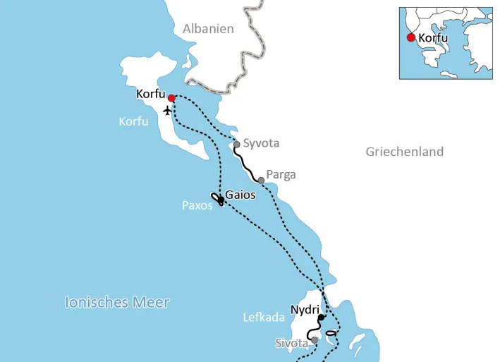 Karte zur Reise mit Rad & Schiff auf Korfu und den Ionischen Inseln