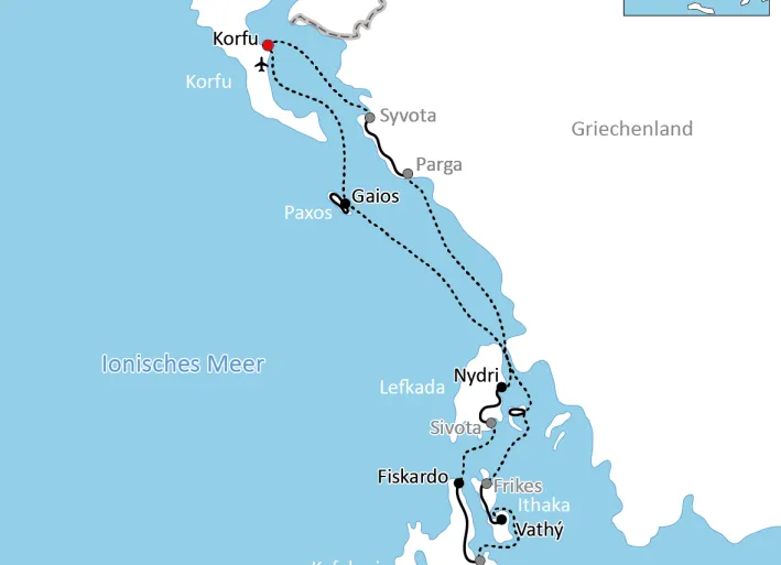 Karte zur Reise mit Rad & Schiff auf Korfu und den Ionischen Inseln