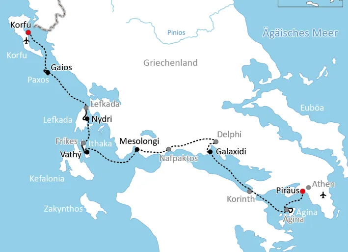 Karte zur Reise mit Rad und Schiff zu den Ionischen Inseln