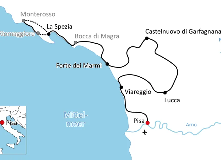 Karte zur Radtour von Pisa in die Cinque Terre