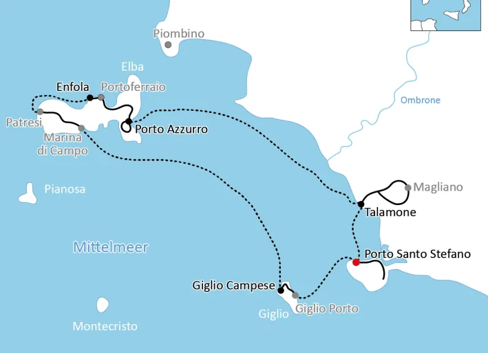 Karte zur Reise mit Rad & Schiff zur Insel Elba