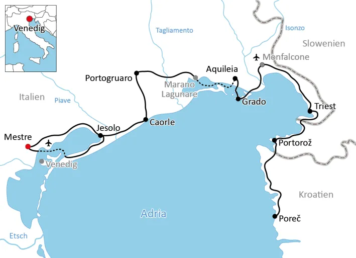 Karte zur Radtour an der Adria nach Istrien