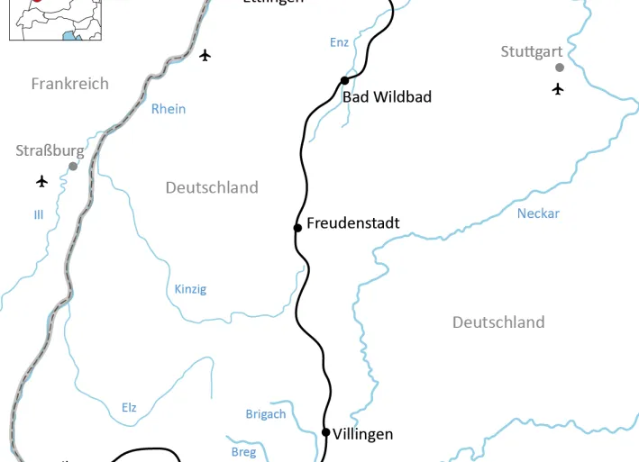 Karte zur Reise auf dem Schwarzwald-Panorama-Radweg