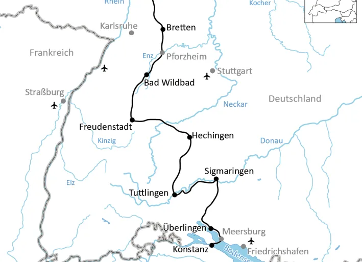Karte zur Radtour quer durch Baden-Württemberg