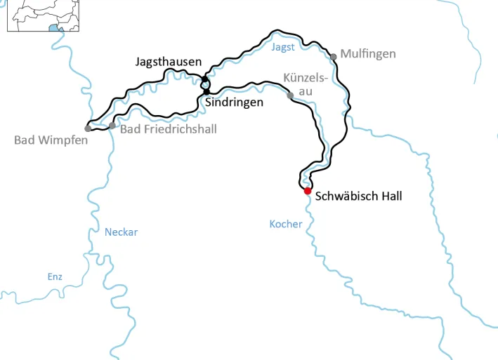 Karte zur Radtour an Kocher und Jagst