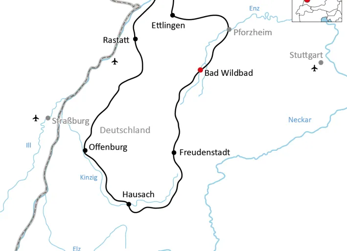 Karte zur Reisen auf dem Naturpark-Radweg im Nord-Schwarzwald