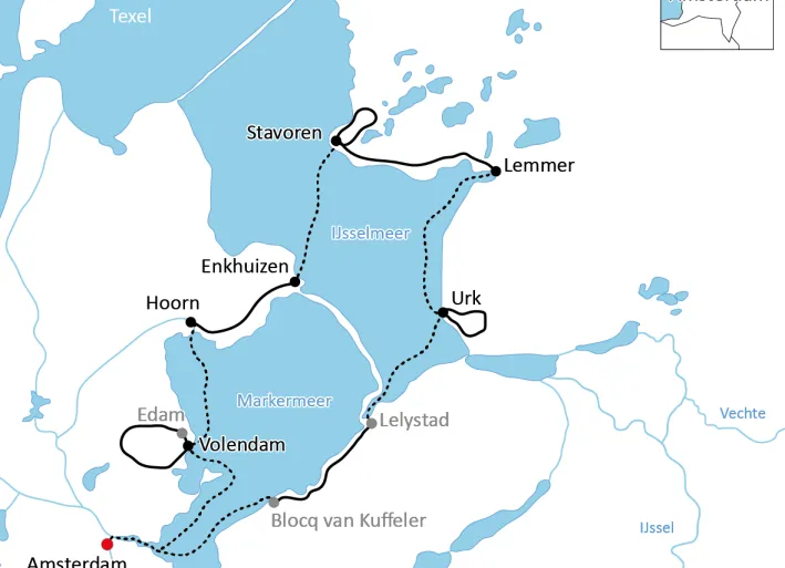 Karte zur Reise mit dem Rad und unter Segeln in Holland