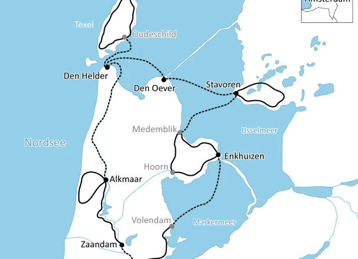 Karte zur Reise mit Rad und Schiff in Nordholland