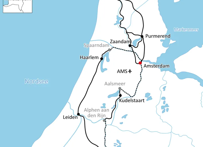 Karte zur Tulpentour in Holland mit Rad und Schiff