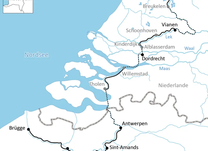 Karte zur Reise mit Rad & Schiff von Amsterdam nach Brügge