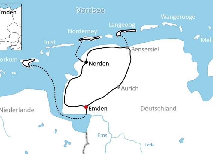Karte zur Radtour auf den Ostfriesischen Inseln