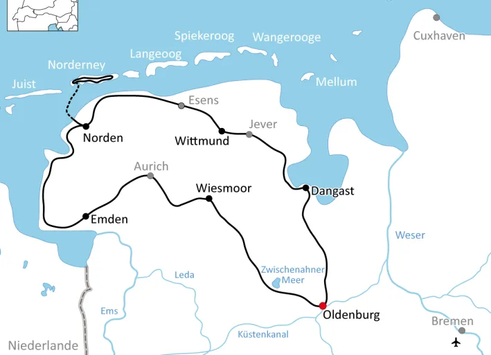 Karte zum Radurlaub in Ostfriesland