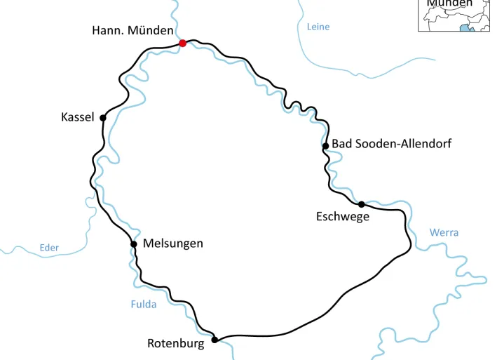 Karte zur Radtour an Werra und Fulda
