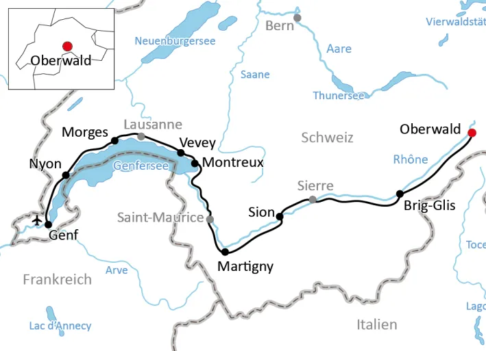 Karte zur Rhône-Route in der Schweiz