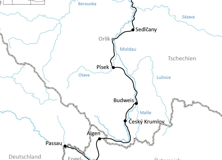 Karte zum Moldau–Radweg