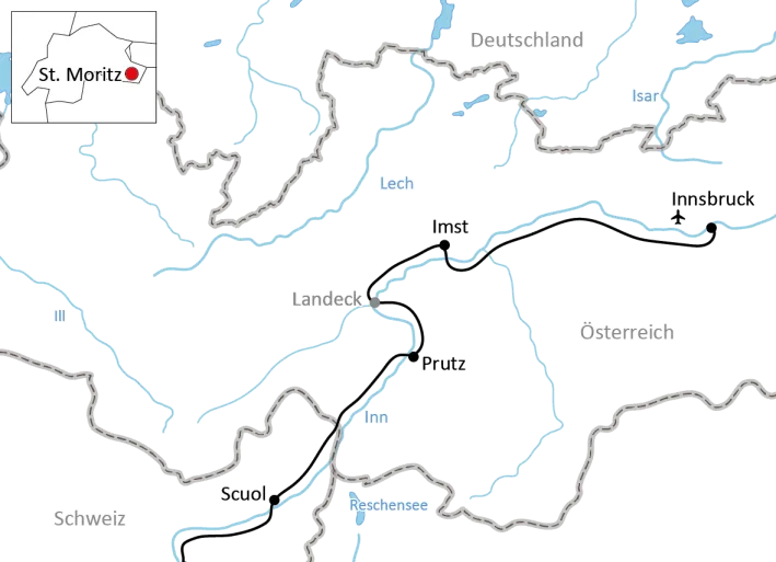 Karte zur Radtour von St. Moritz nach Innsbruck