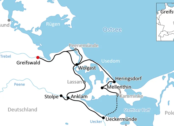 Karte zur Radtour auf Usedom und am Stettiner Haff