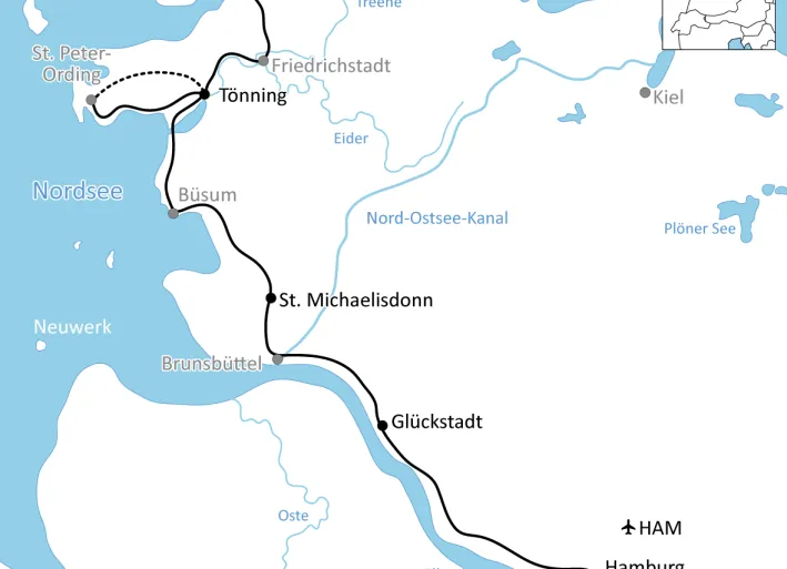 Karte zum Nordseeküsten-Radweg von Husum nach Hamburg