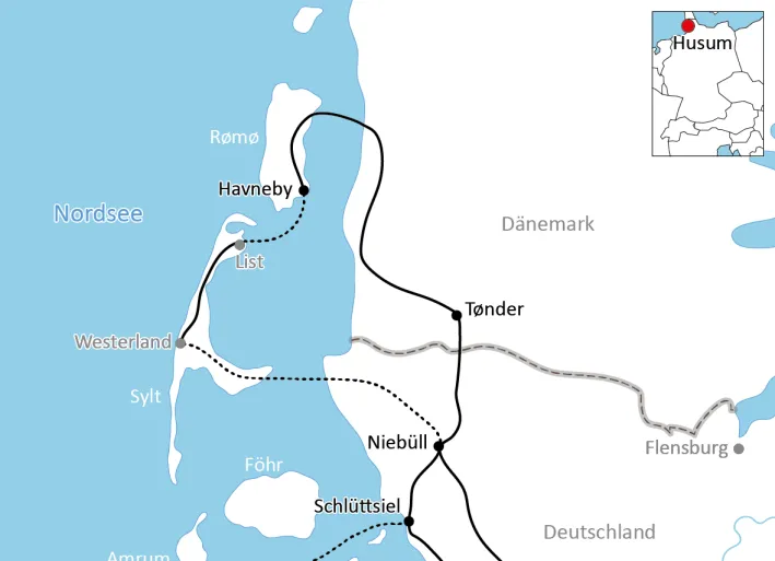Karte zur Radtour nach Hooge, Sylt und Rømø