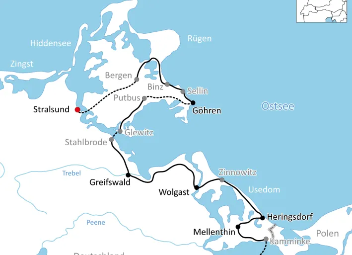 Karte zur Radtour auf Rügen und Usedom