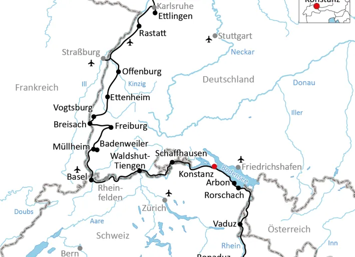 Karte zum Radurlaub am Rhein