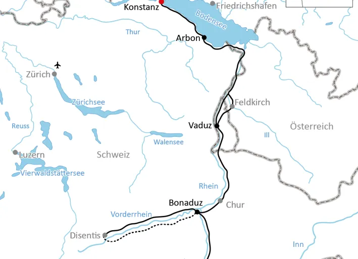 Karte zur Rhein-Radtour in der Schweiz