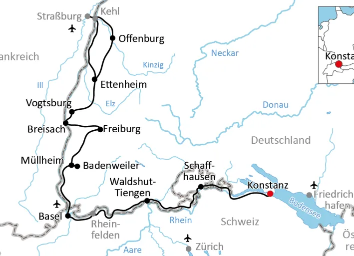 Karte zur Tour auf dem Rheintalradweg von Konstanz nach Straßburg