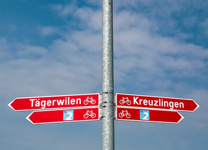 Beschilderung des Rhein-Radwegs in der Schweiz