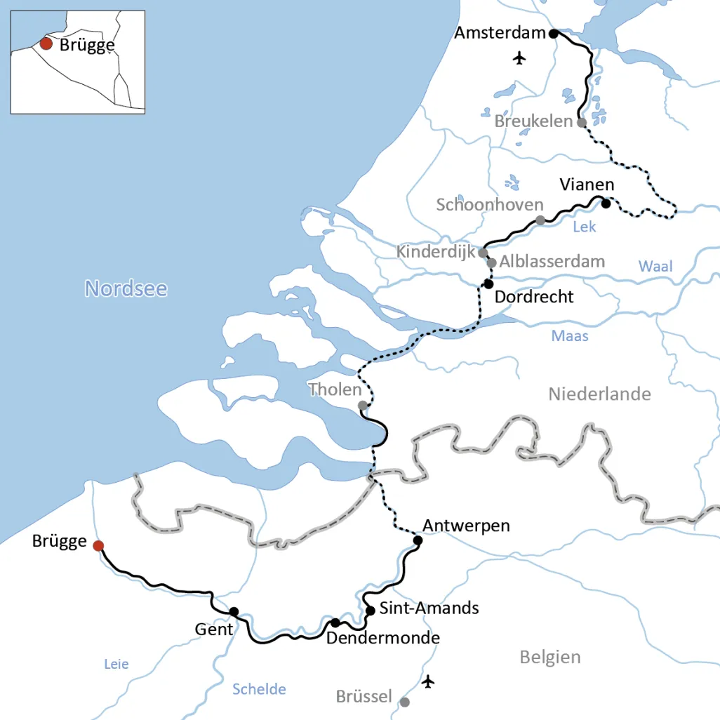 Karte zur Reise mit Rad & Schiff durch Belgien und Holland