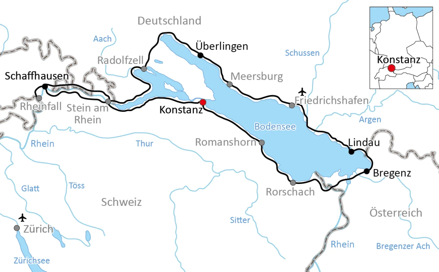 Karte zur sportlichen Radtour um den Bodensee