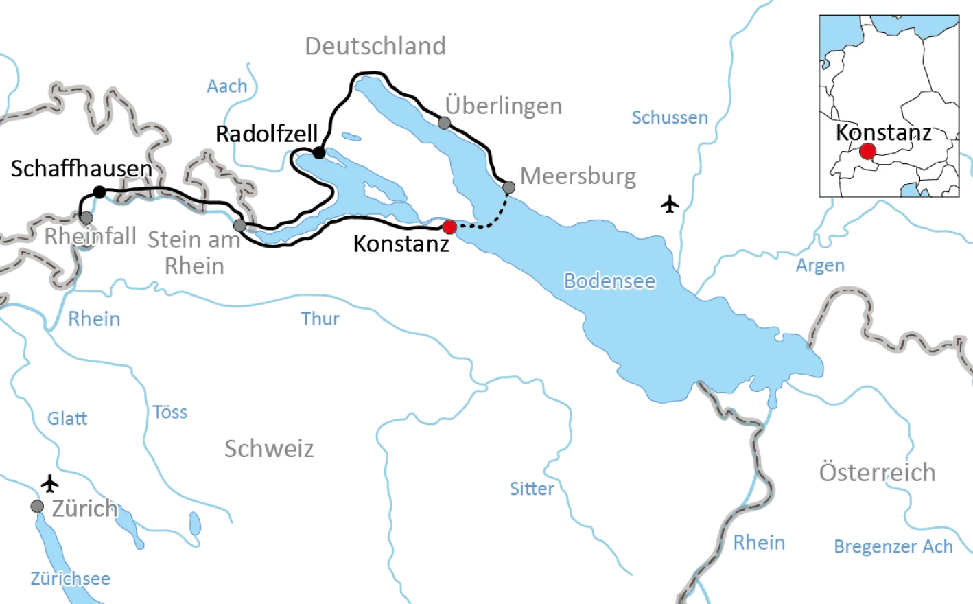 Kurze Tour mit dem Fahrrad am Bodensee und zum Rheinfall