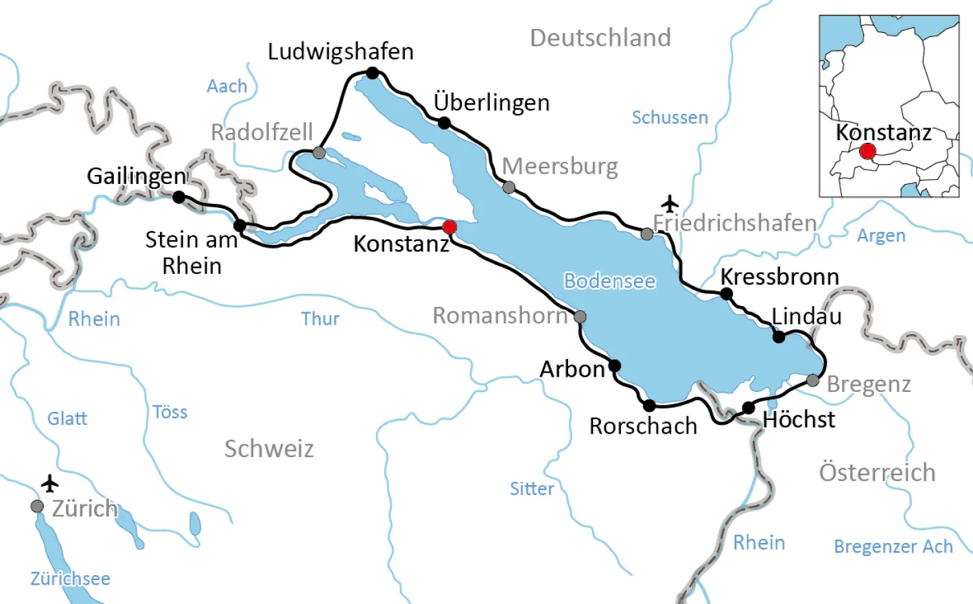 Karte zur klassischen Bodensee-Radreise