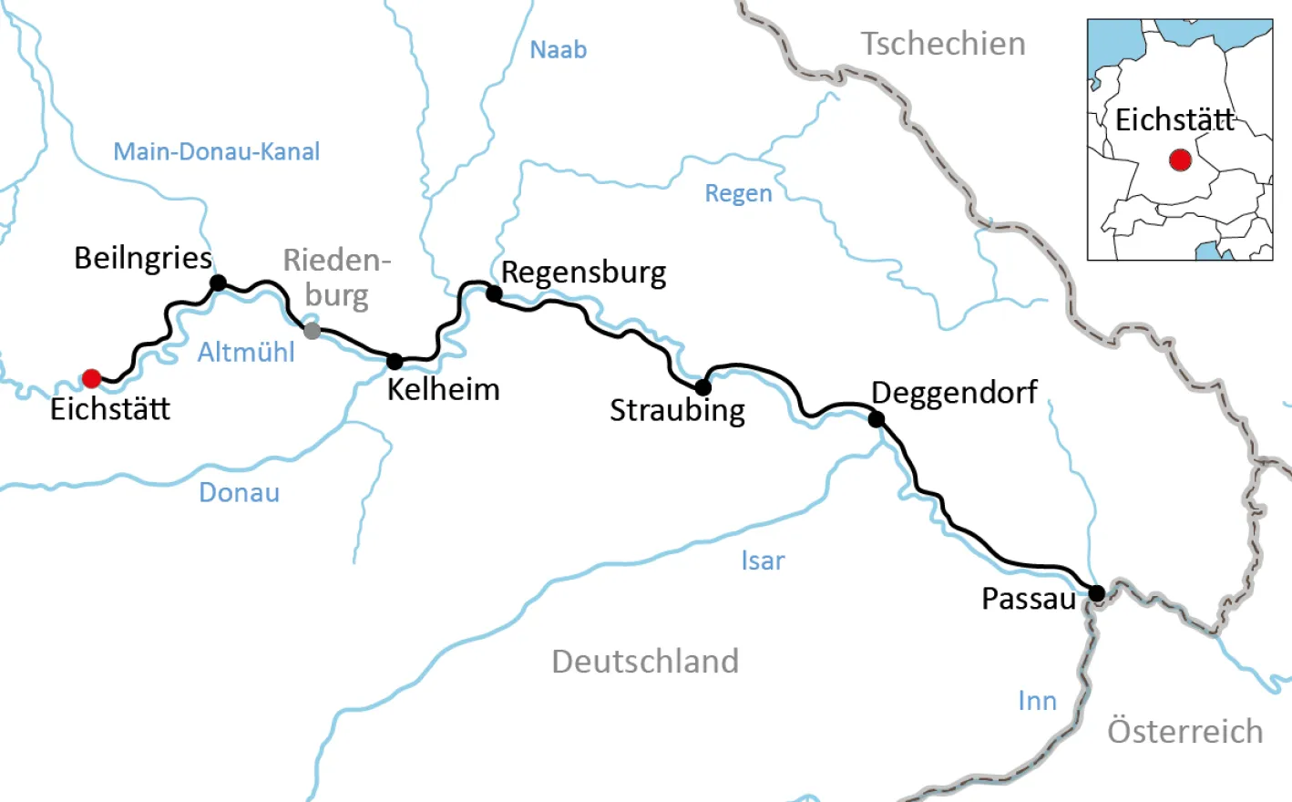 Karte zur Radtour de Baroque von Eichstätt nach Passau